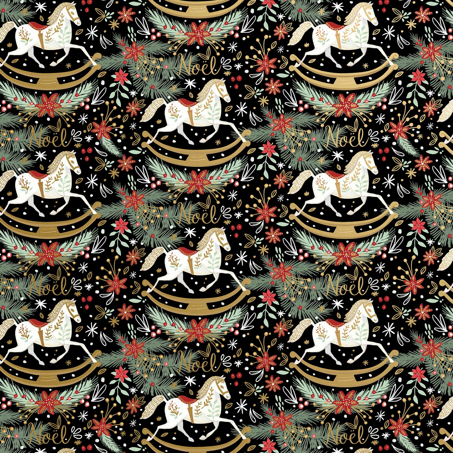 24" x 417' (half ream) - XB811 - Rocking Horse Noel Black XB811.24.417